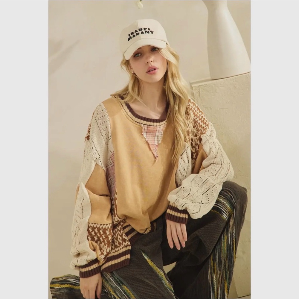 Oli & Hali Patchwork Beige Cream and Brown Knit Pullover